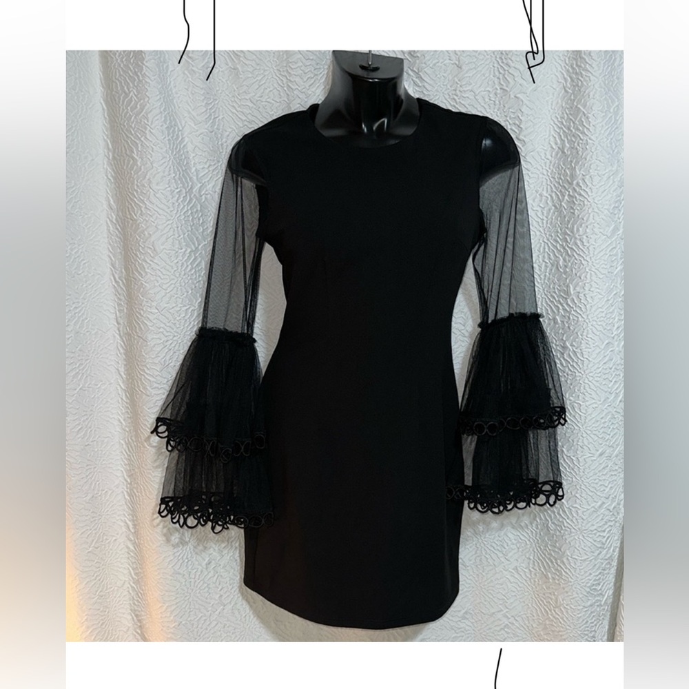 Ina sheer eyelet flare bell sleeve cocktail mini little black dress S